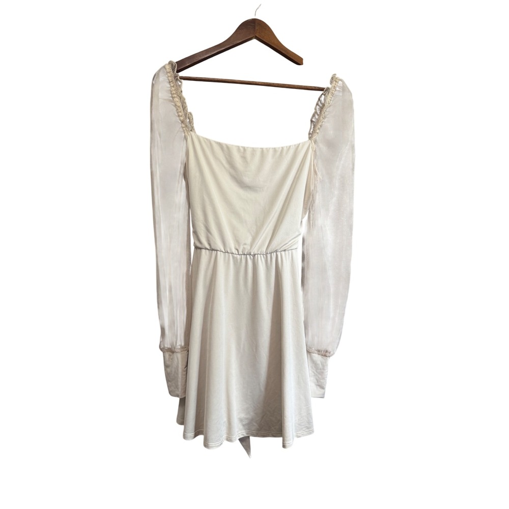 Lucy in the Sky Mini Dress Womens L Cream Excellent Sheer Mesh Sleeve Tie Back